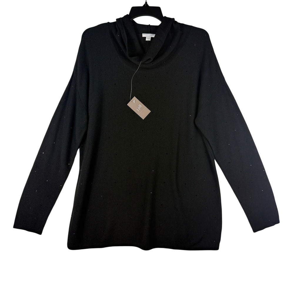 J. Jill Cowl Neck Sweater Womens Medium Black Rhinestone Wool Blend NWT